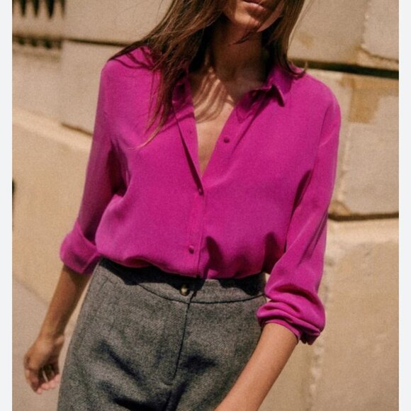 Sézane Ann Silk Blouse | Fuchsia Size EU 44 US 12| 100% Silk | Good Condition - Picture 1 of 10